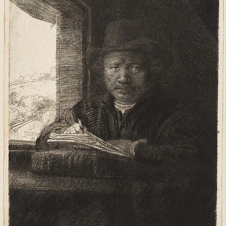 An etched self-portrait, the sitter drawing at a window.